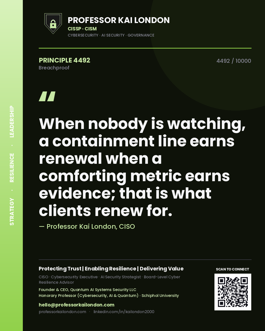 Professor Kai London principle 4492: When nobody is watching, a containment line earns renewal when a comforting metric earns evidence; that is what clients renew for.