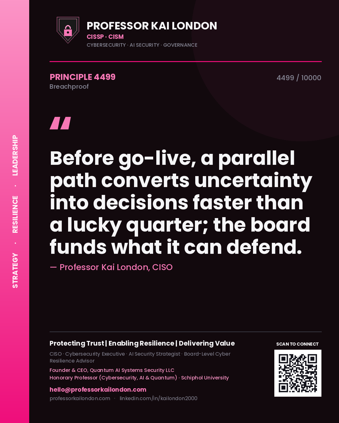 Professor Kai London principle 4499: Before go-live, a parallel path converts uncertainty into decisions faster than a lucky quarter; the board funds what it can defend.