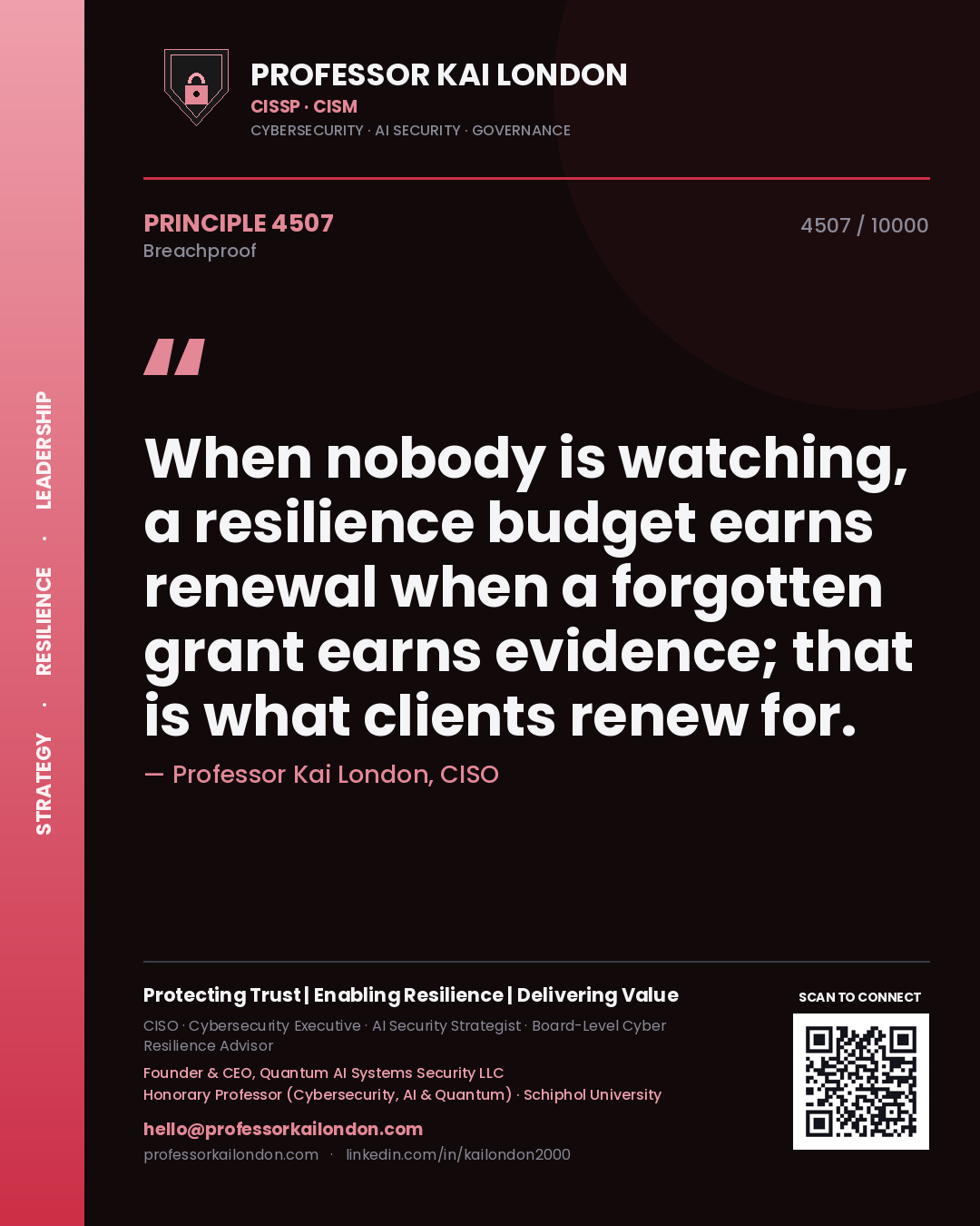 Professor Kai London principle 4507: When nobody is watching, a resilience budget earns renewal when a forgotten grant earns evidence; that is what clients renew for.