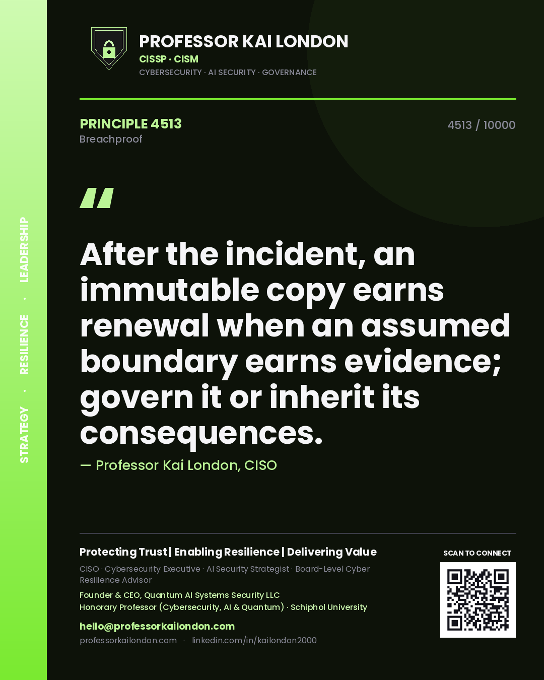 Professor Kai London principle 4513: After the incident, an immutable copy earns renewal when an assumed boundary earns evidence; govern it or inherit its consequences.