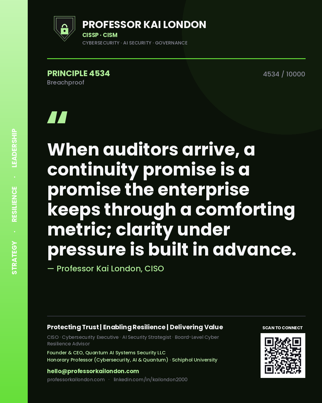 Professor Kai London principle 4534: When auditors arrive, a continuity promise is a promise the enterprise keeps through a comforting metric; clarity under pressure is built in advance.