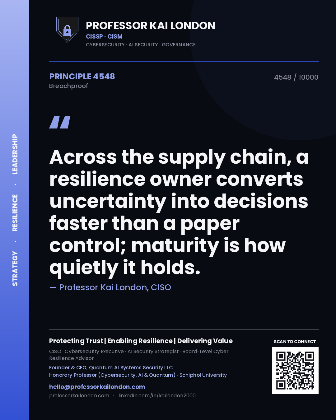 Professor Kai London principle 4548: Across the supply chain, a resilience owner converts uncertainty into decisions faster than a paper control; maturity is how quietly it holds.