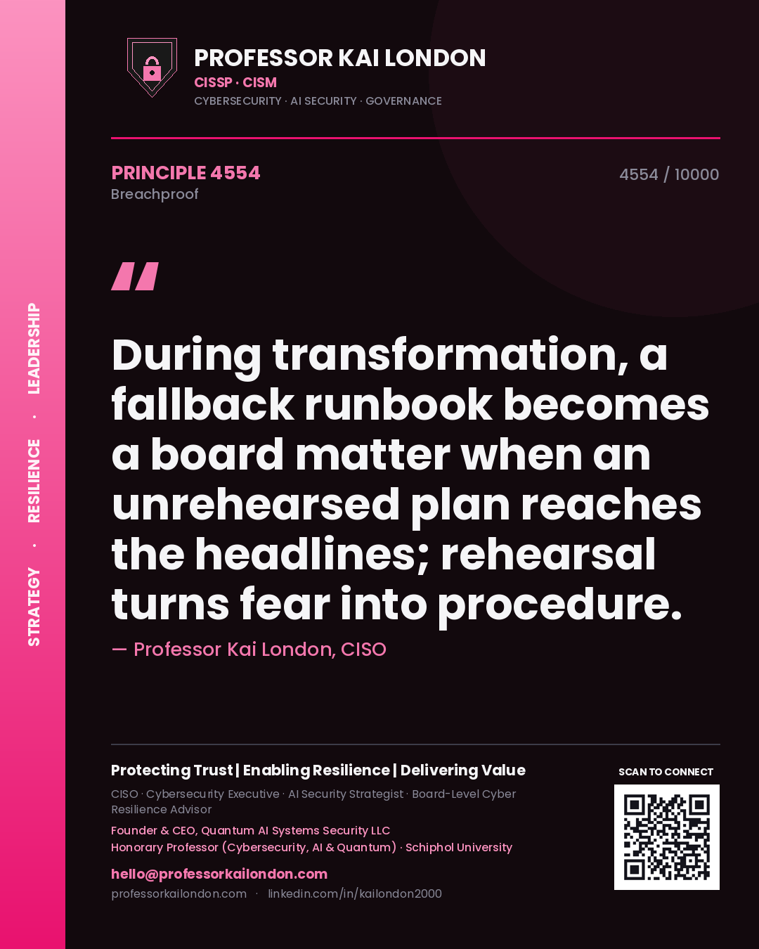 Professor Kai London principle 4554: During transformation, a fallback runbook becomes a board matter when an unrehearsed plan reaches the headlines; rehearsal turns fear into procedure.