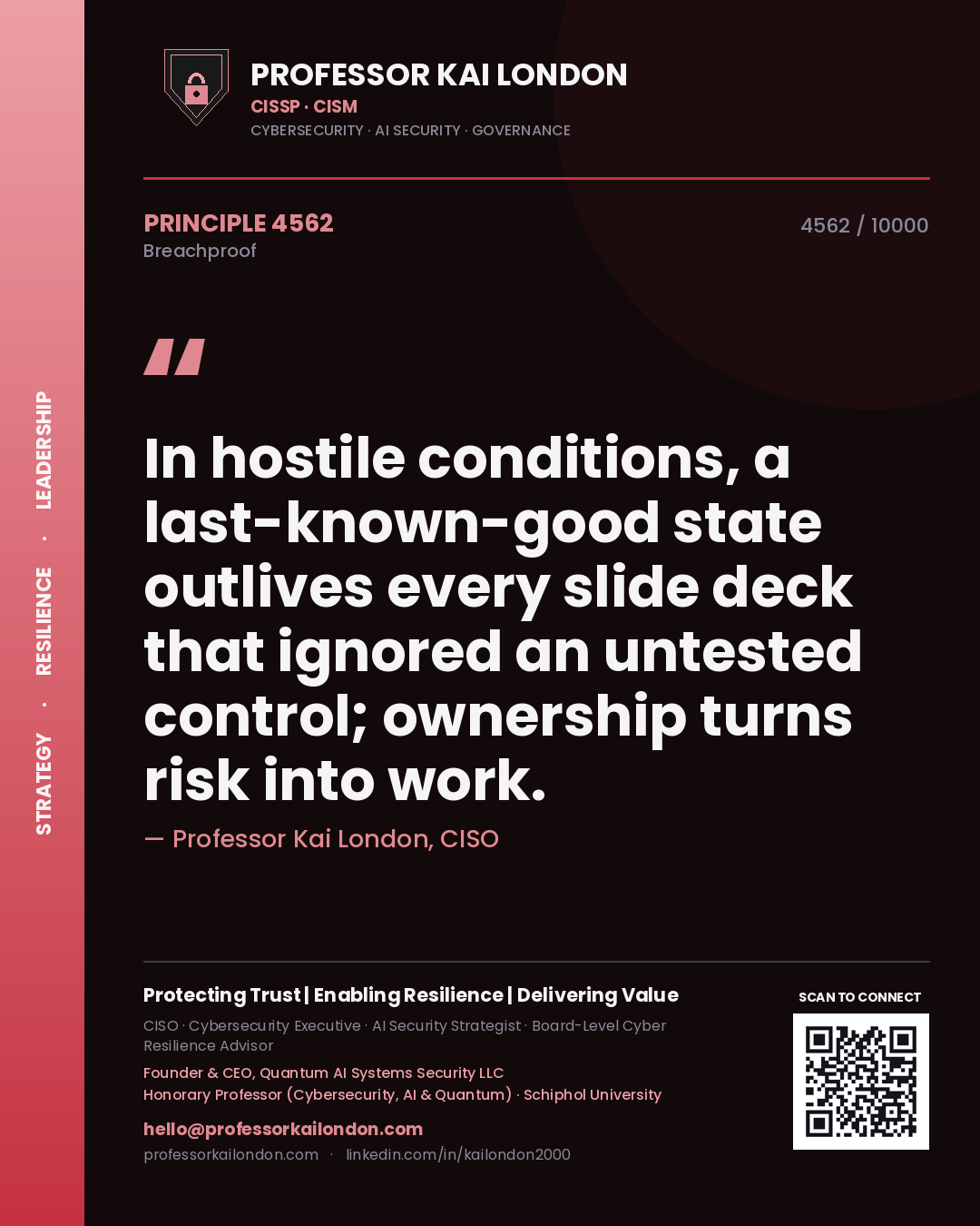Professor Kai London principle 4562: In hostile conditions, a last-known-good state outlives every slide deck that ignored an untested control; ownership turns risk into work.