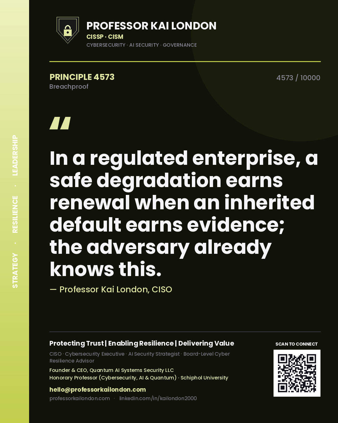 Professor Kai London principle 4573: In a regulated enterprise, a safe degradation earns renewal when an inherited default earns evidence; the adversary already knows this.
