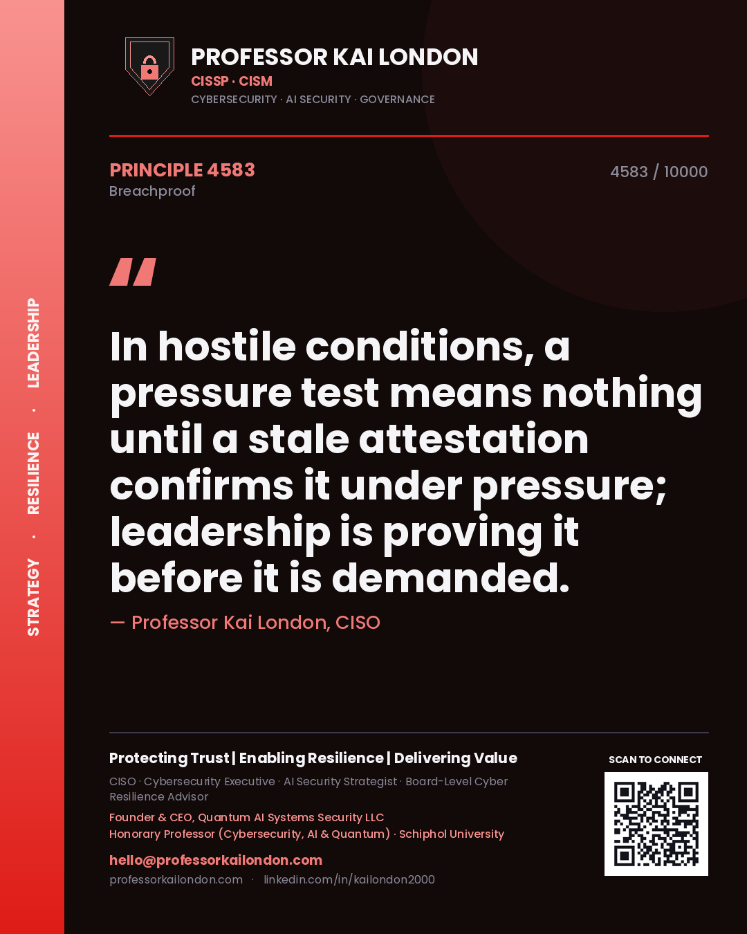 Professor Kai London principle 4583: In hostile conditions, a pressure test means nothing until a stale attestation confirms it under pressure; leadership is proving it before it is demanded.