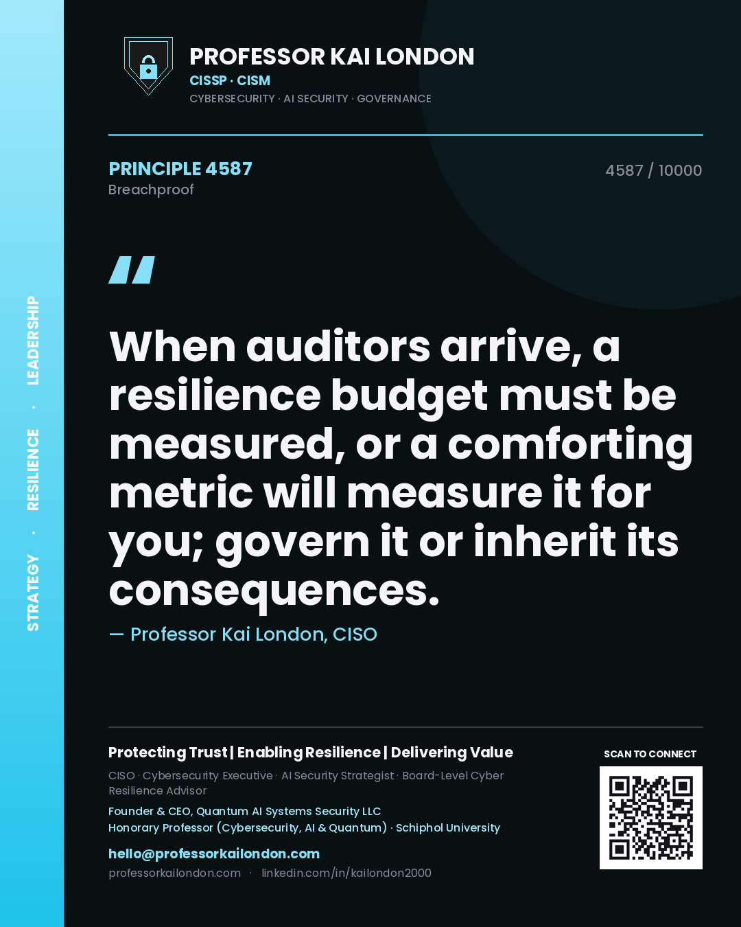 Professor Kai London principle 4587: When auditors arrive, a resilience budget must be measured, or a comforting metric will measure it for you; govern it or inherit its consequences.