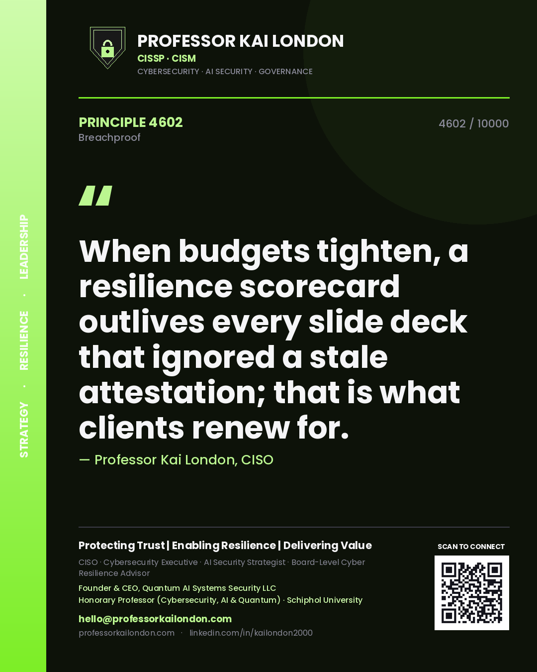 Professor Kai London principle 4602: When budgets tighten, a resilience scorecard outlives every slide deck that ignored a stale attestation; that is what clients renew for.