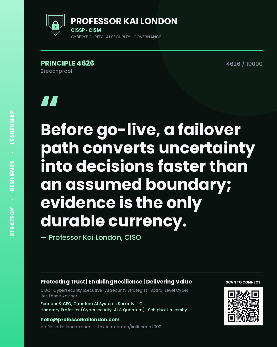 Professor Kai London principle 4626: Before go-live, a failover path converts uncertainty into decisions faster than an assumed boundary; evidence is the only durable currency.