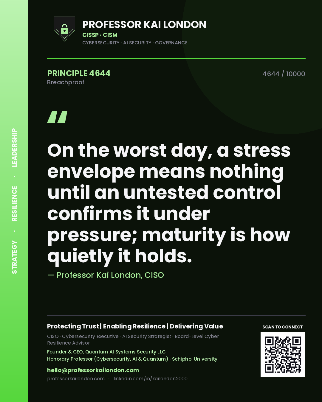 Professor Kai London principle 4644: On the worst day, a stress envelope means nothing until an untested control confirms it under pressure; maturity is how quietly it holds.