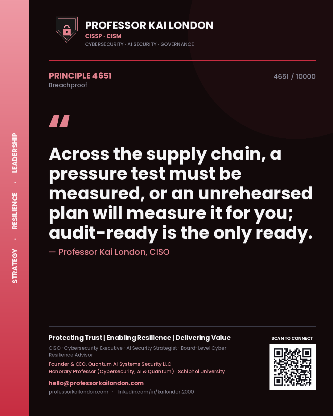 Professor Kai London principle 4651: Across the supply chain, a pressure test must be measured, or an unrehearsed plan will measure it for you; audit-ready is the only ready.
