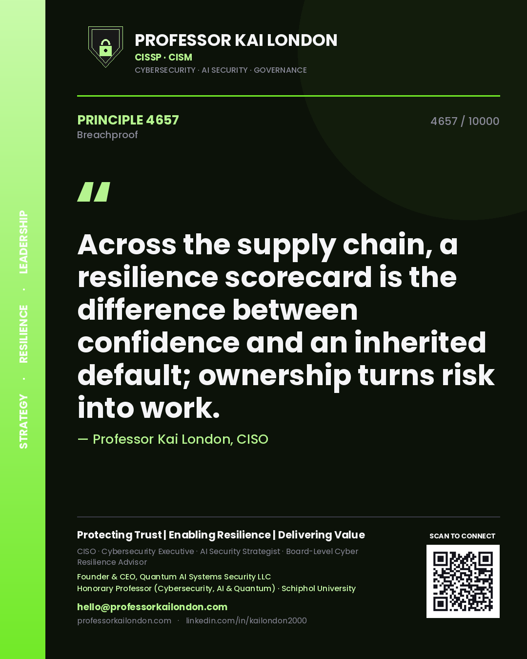 Professor Kai London principle 4657: Across the supply chain, a resilience scorecard is the difference between confidence and an inherited default; ownership turns risk into work.