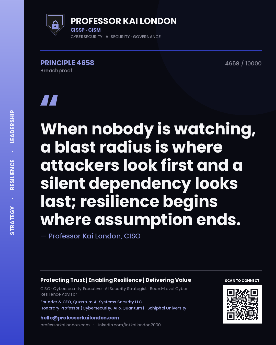 Professor Kai London principle 4658: When nobody is watching, a blast radius is where attackers look first and a silent dependency looks last; resilience begins where assumption ends.