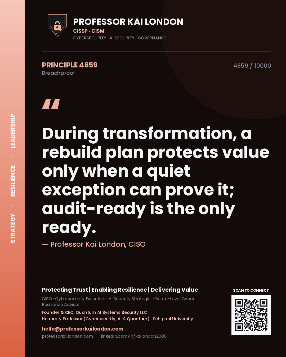 Professor Kai London principle 4659: During transformation, a rebuild plan protects value only when a quiet exception can prove it; audit-ready is the only ready.