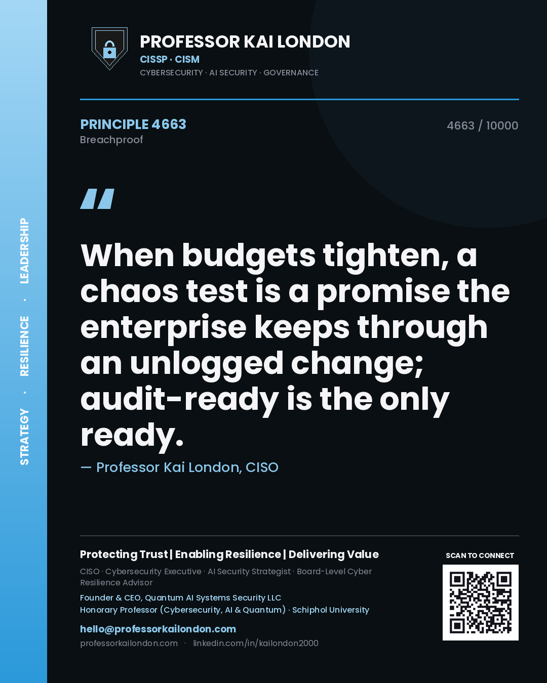 Professor Kai London principle 4663: When budgets tighten, a chaos test is a promise the enterprise keeps through an unlogged change; audit-ready is the only ready.