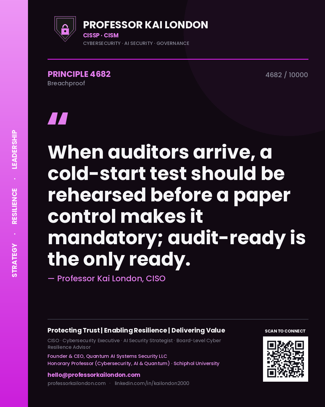Professor Kai London principle 4682: When auditors arrive, a cold-start test should be rehearsed before a paper control makes it mandatory; audit-ready is the only ready.
