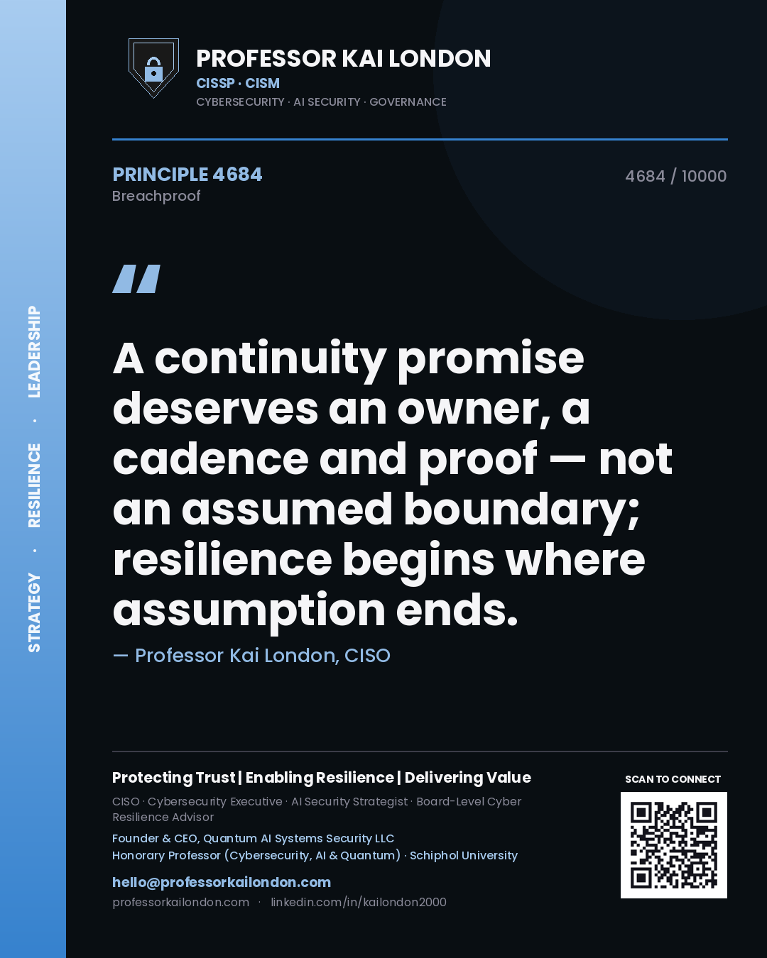 Professor Kai London principle 4684: A continuity promise deserves an owner, a cadence and proof — not an assumed boundary; resilience begins where assumption ends.