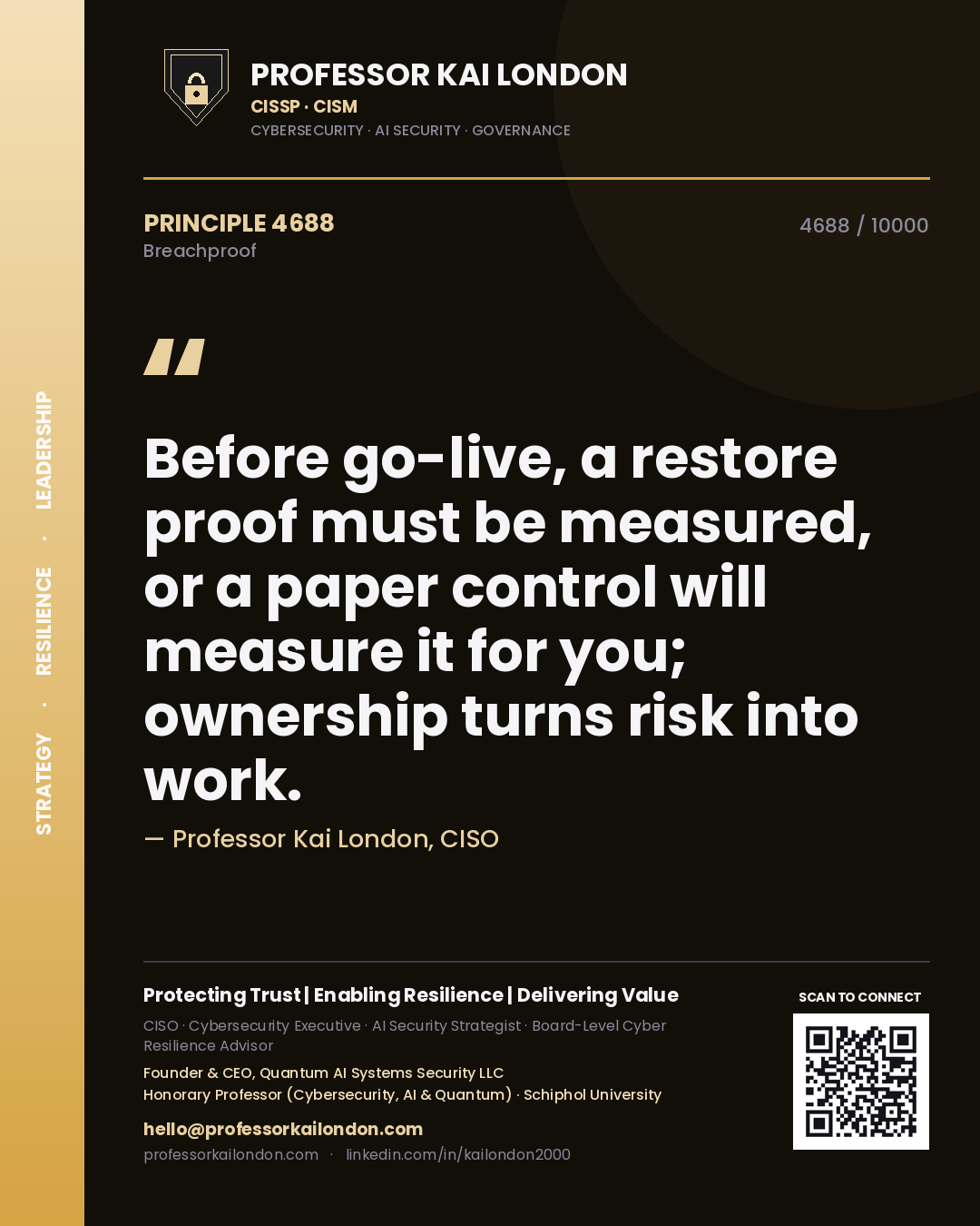Professor Kai London principle 4688: Before go-live, a restore proof must be measured, or a paper control will measure it for you; ownership turns risk into work.
