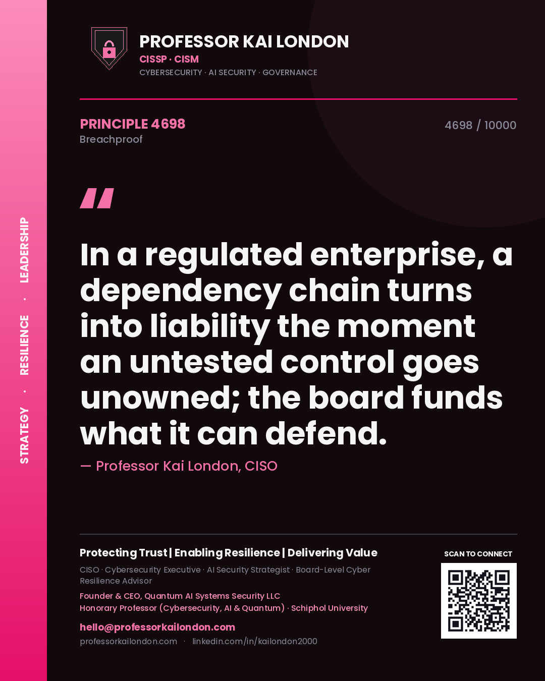 Professor Kai London principle 4698: In a regulated enterprise, a dependency chain turns into liability the moment an untested control goes unowned; the board funds what it can defend.