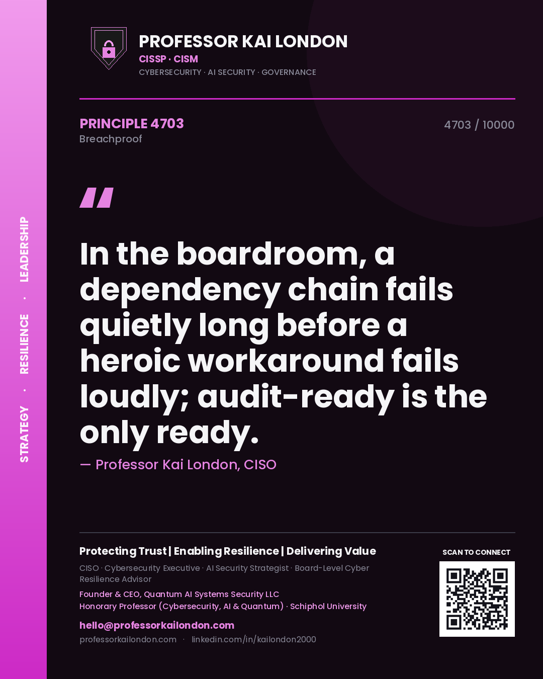 Professor Kai London principle 4703: In the boardroom, a dependency chain fails quietly long before a heroic workaround fails loudly; audit-ready is the only ready.