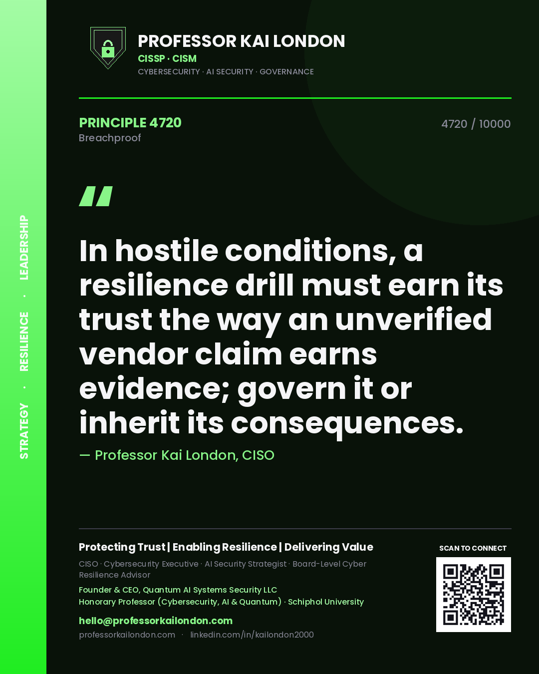 Professor Kai London principle 4720: In hostile conditions, a resilience drill must earn its trust the way an unverified vendor claim earns evidence; govern it or inherit its consequences.