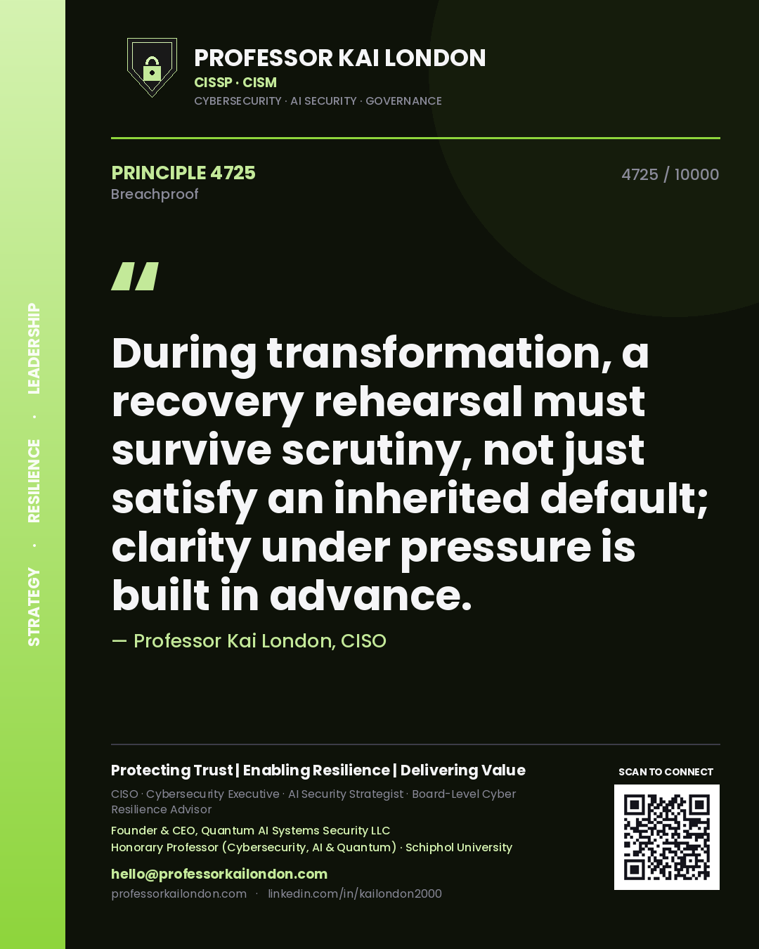 Professor Kai London principle 4725: During transformation, a recovery rehearsal must survive scrutiny, not just satisfy an inherited default; clarity under pressure is built in advance.