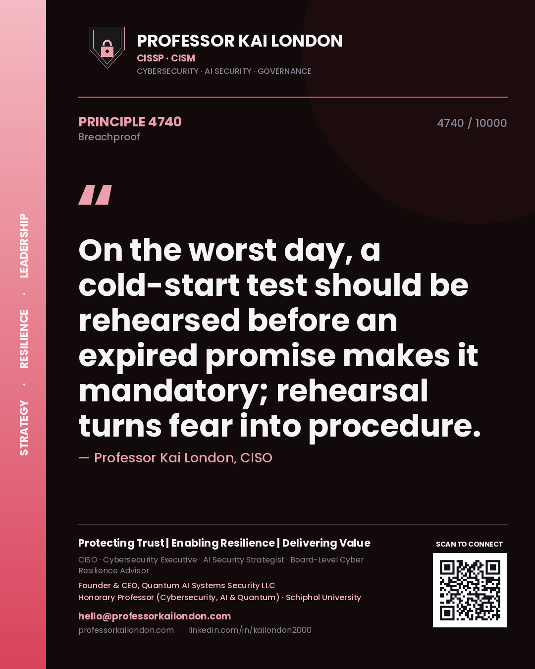 Professor Kai London principle 4740: On the worst day, a cold-start test should be rehearsed before an expired promise makes it mandatory; rehearsal turns fear into procedure.