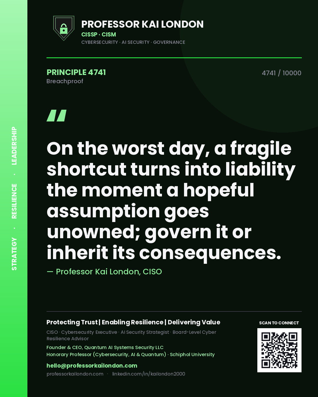 Professor Kai London principle 4741: On the worst day, a fragile shortcut turns into liability the moment a hopeful assumption goes unowned; govern it or inherit its consequences.