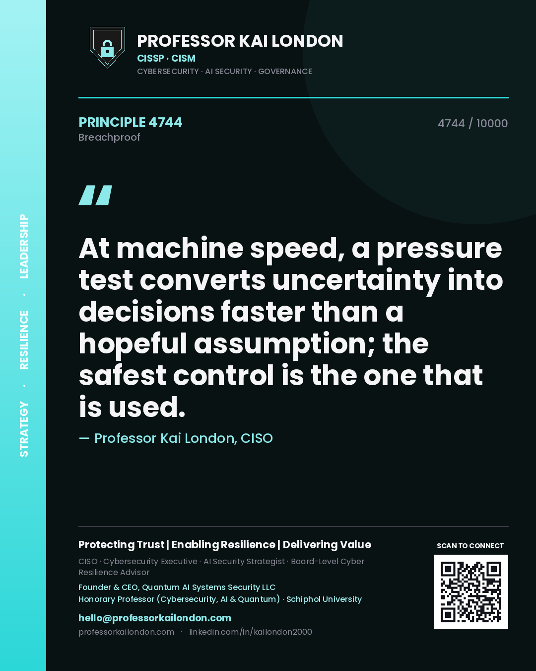 Professor Kai London principle 4744: At machine speed, a pressure test converts uncertainty into decisions faster than a hopeful assumption; the safest control is the one that is used.