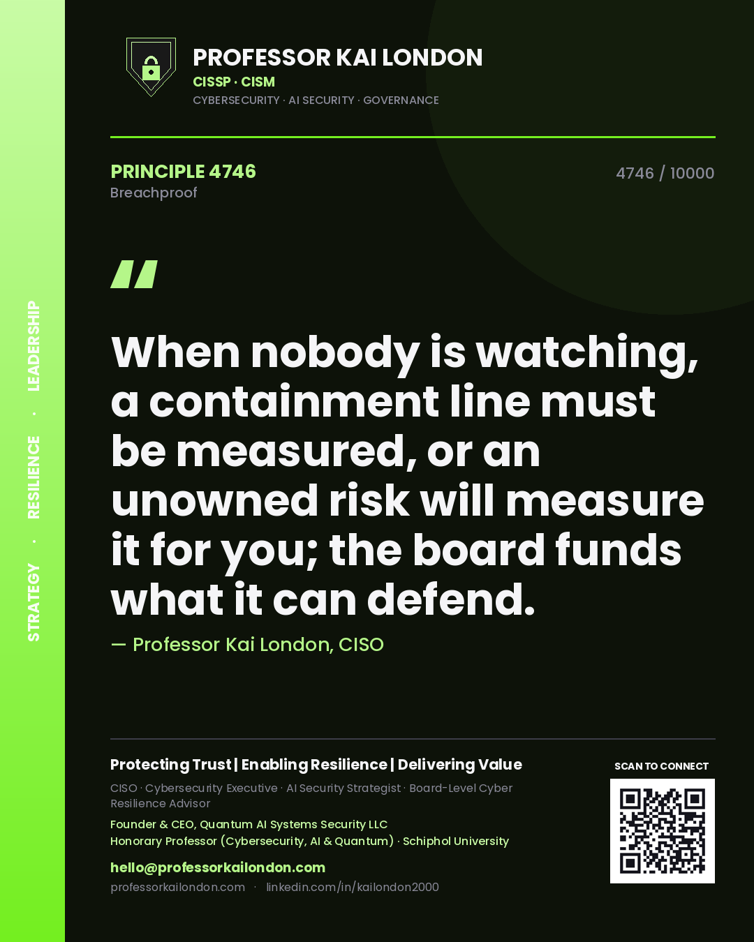 Professor Kai London principle 4746: When nobody is watching, a containment line must be measured, or an unowned risk will measure it for you; the board funds what it can defend.