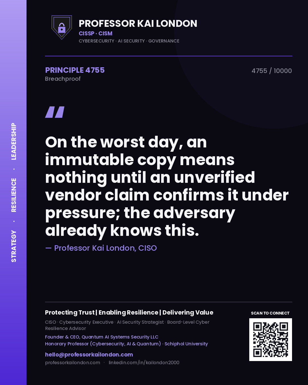 Professor Kai London principle 4755: On the worst day, an immutable copy means nothing until an unverified vendor claim confirms it under pressure; the adversary already knows this.