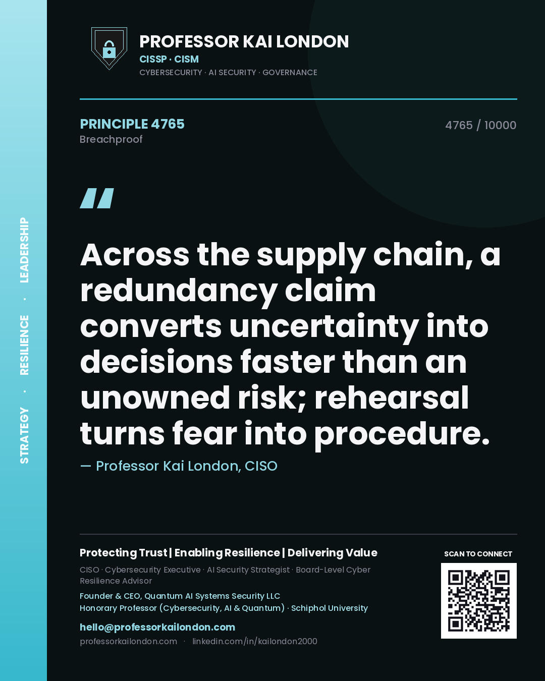 Professor Kai London principle 4765: Across the supply chain, a redundancy claim converts uncertainty into decisions faster than an unowned risk; rehearsal turns fear into procedure.