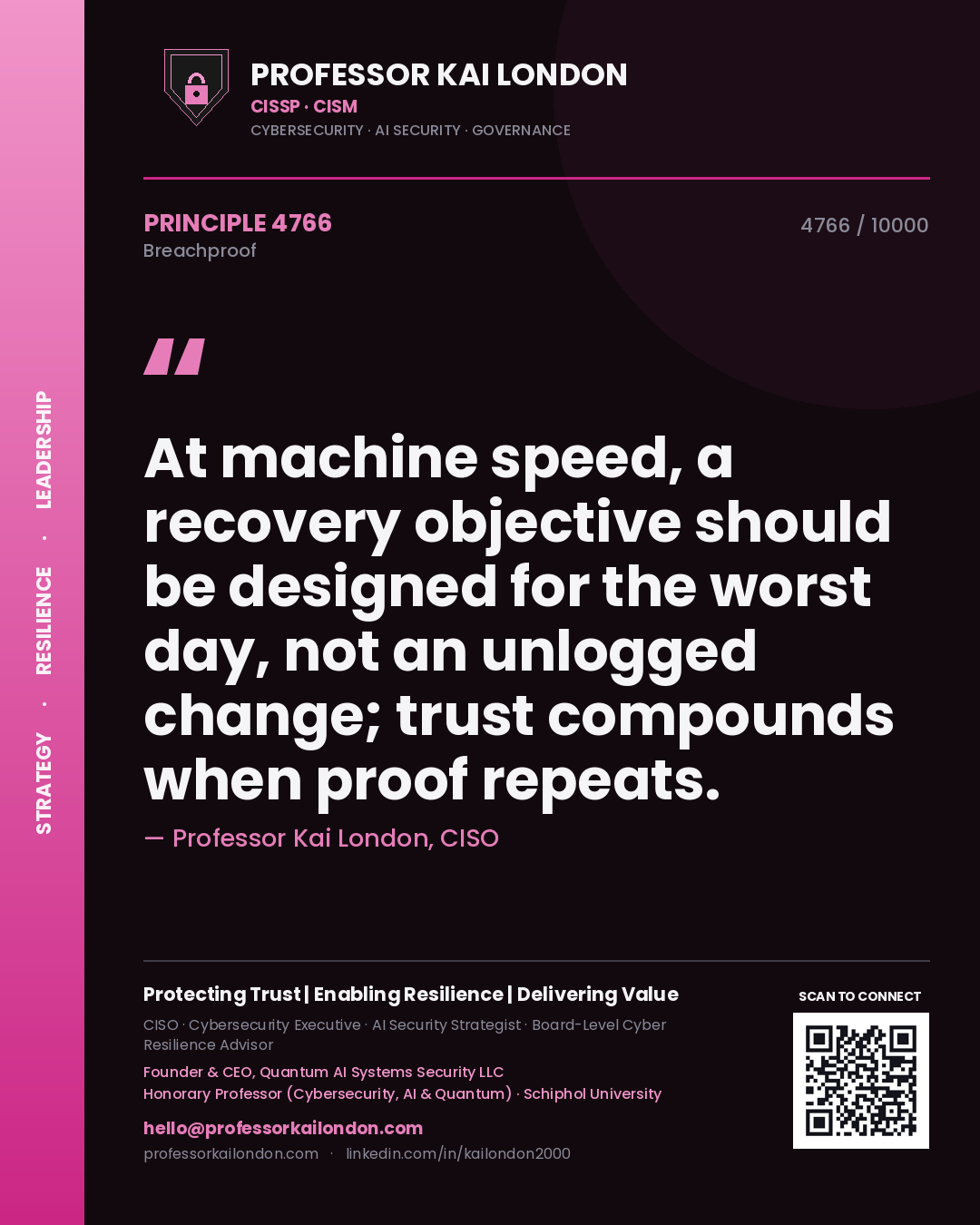Professor Kai London principle 4766: At machine speed, a recovery objective should be designed for the worst day, not an unlogged change; trust compounds when proof repeats.