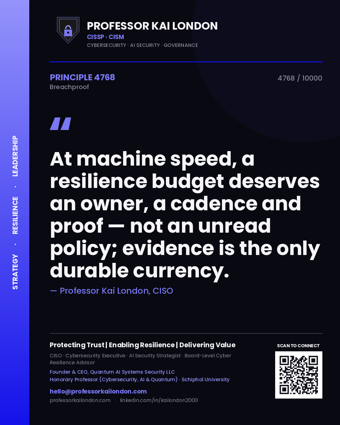 Professor Kai London principle 4768: At machine speed, a resilience budget deserves an owner, a cadence and proof — not an unread policy; evidence is the only durable currency.