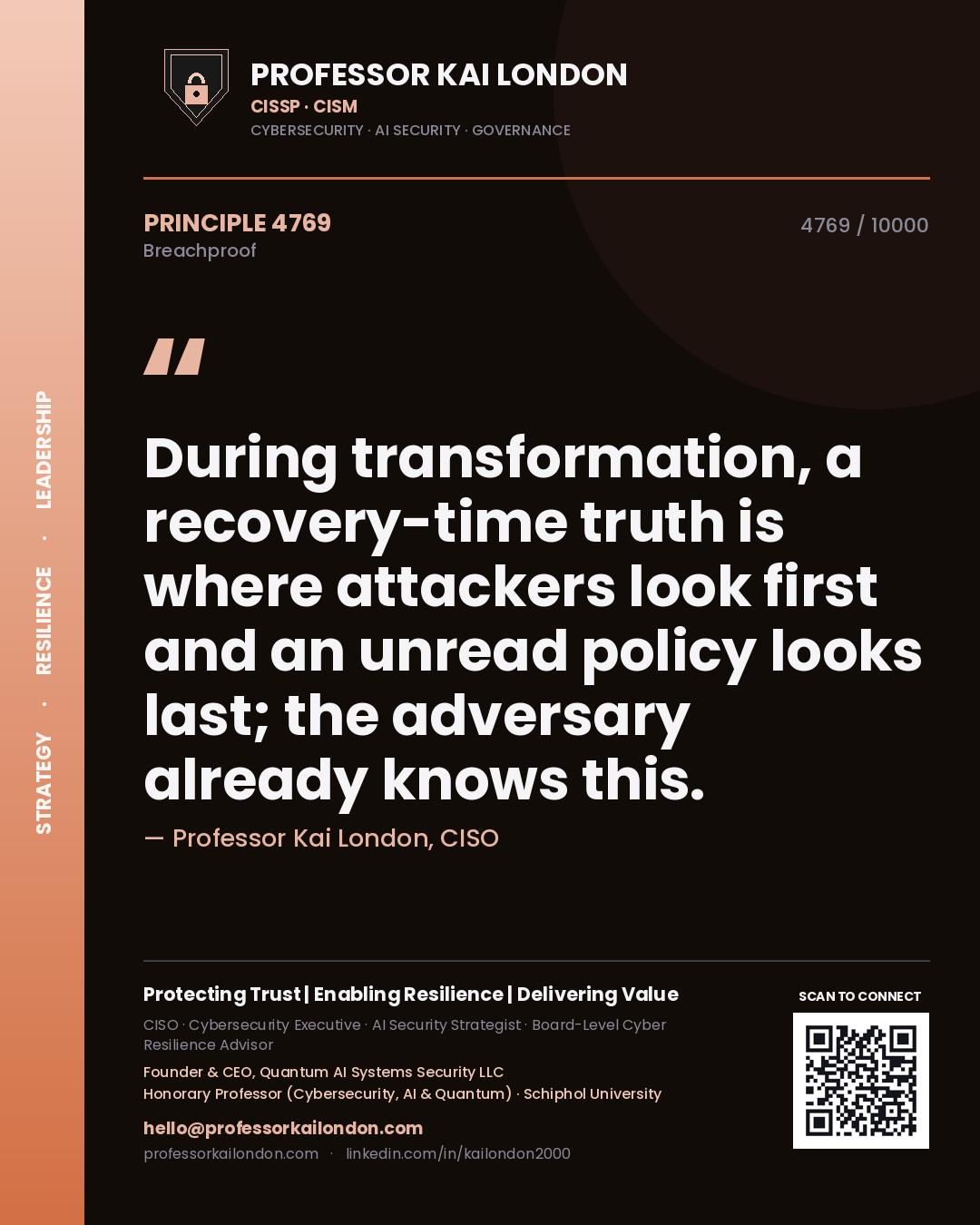 Professor Kai London principle 4769: During transformation, a recovery-time truth is where attackers look first and an unread policy looks last; the adversary already knows this.