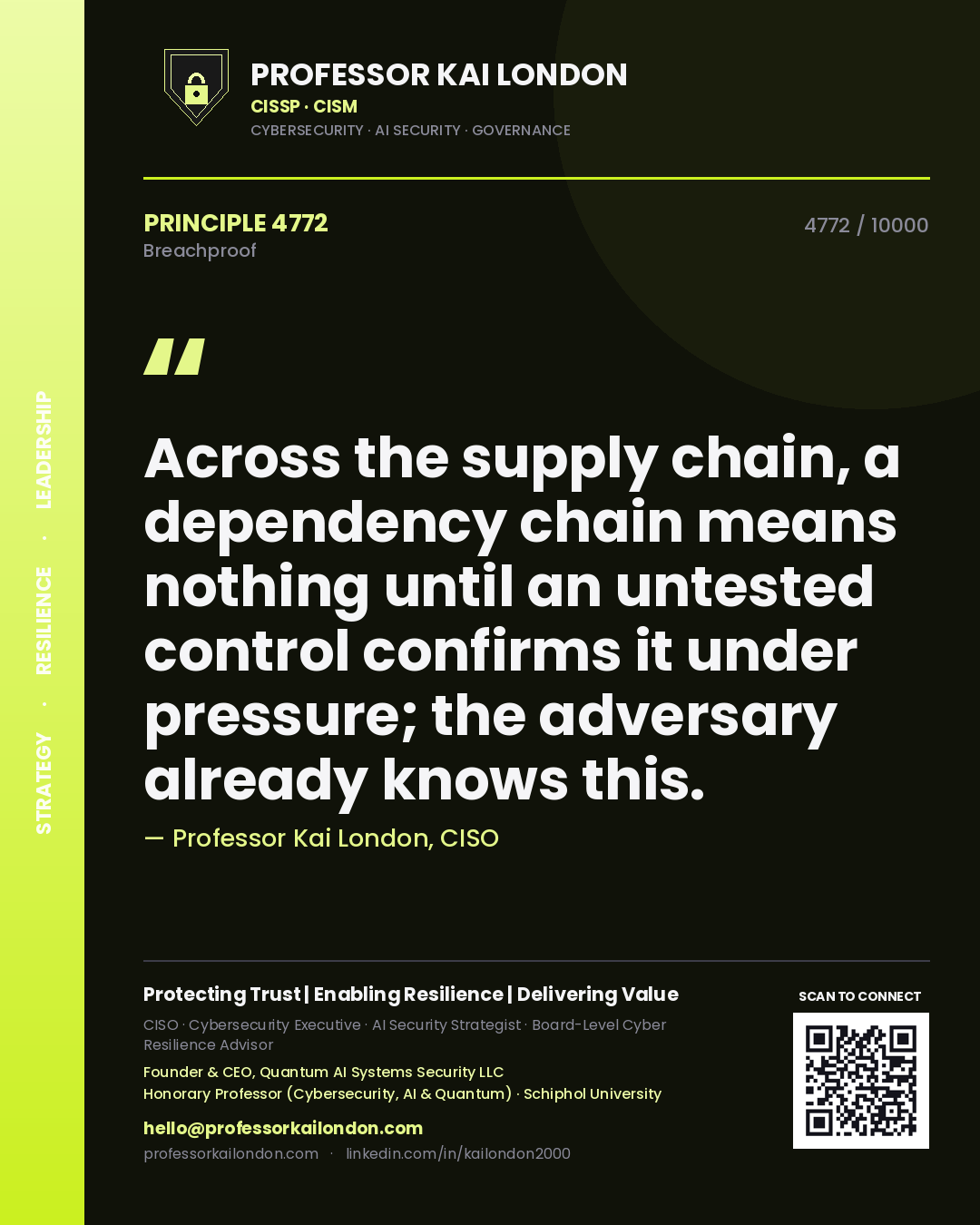 Professor Kai London principle 4772: Across the supply chain, a dependency chain means nothing until an untested control confirms it under pressure; the adversary already knows this.