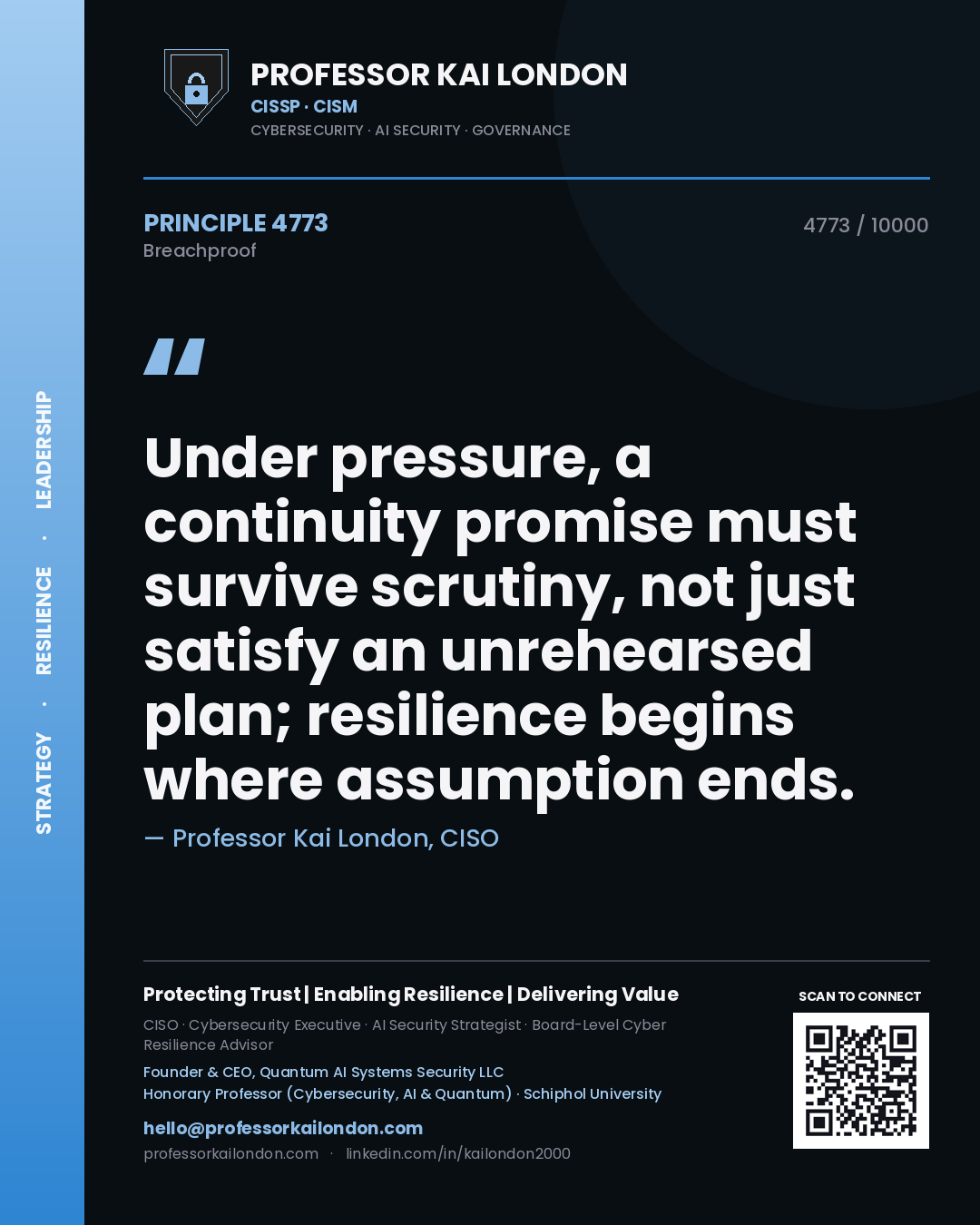 Professor Kai London principle 4773: Under pressure, a continuity promise must survive scrutiny, not just satisfy an unrehearsed plan; resilience begins where assumption ends.