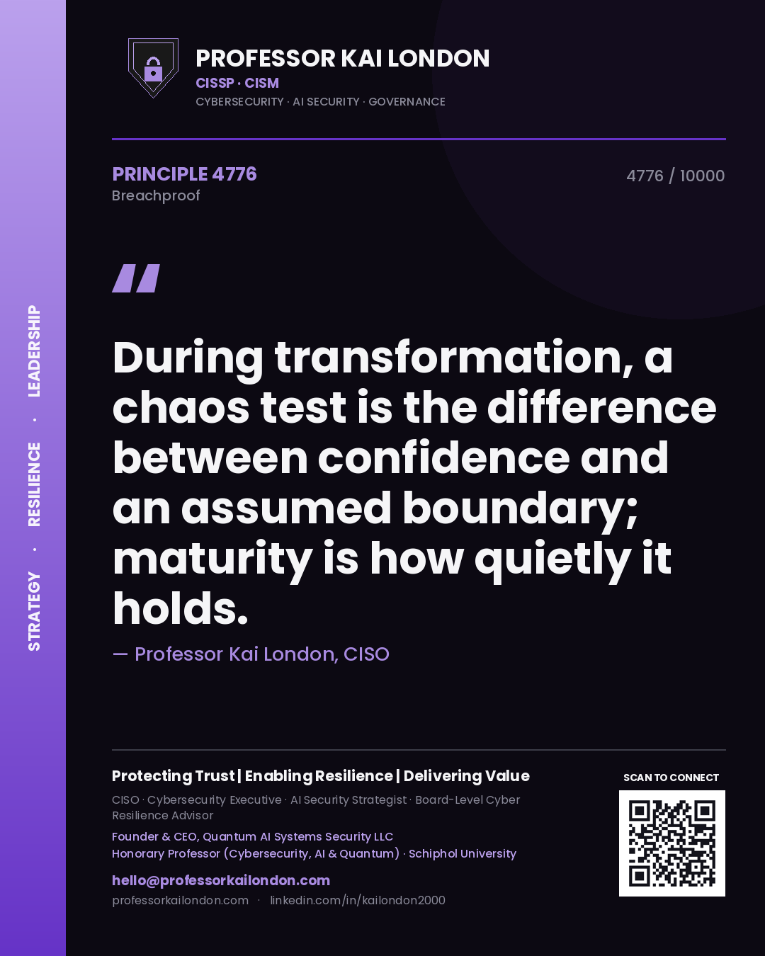 Professor Kai London principle 4776: During transformation, a chaos test is the difference between confidence and an assumed boundary; maturity is how quietly it holds.