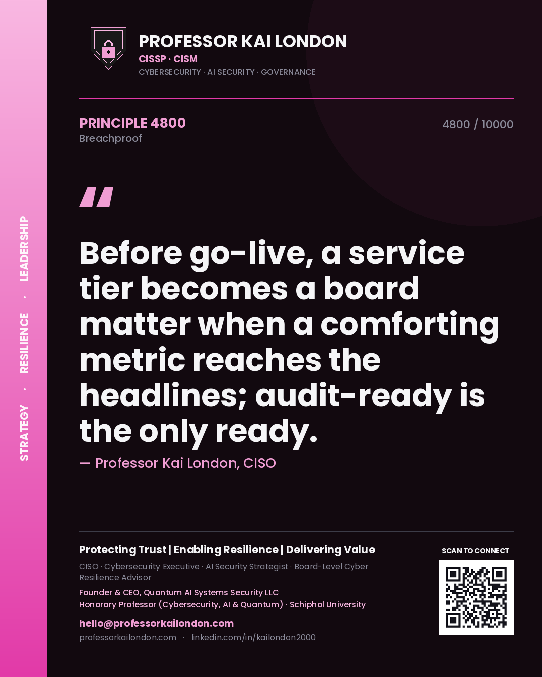 Professor Kai London principle 4800: Before go-live, a service tier becomes a board matter when a comforting metric reaches the headlines; audit-ready is the only ready.