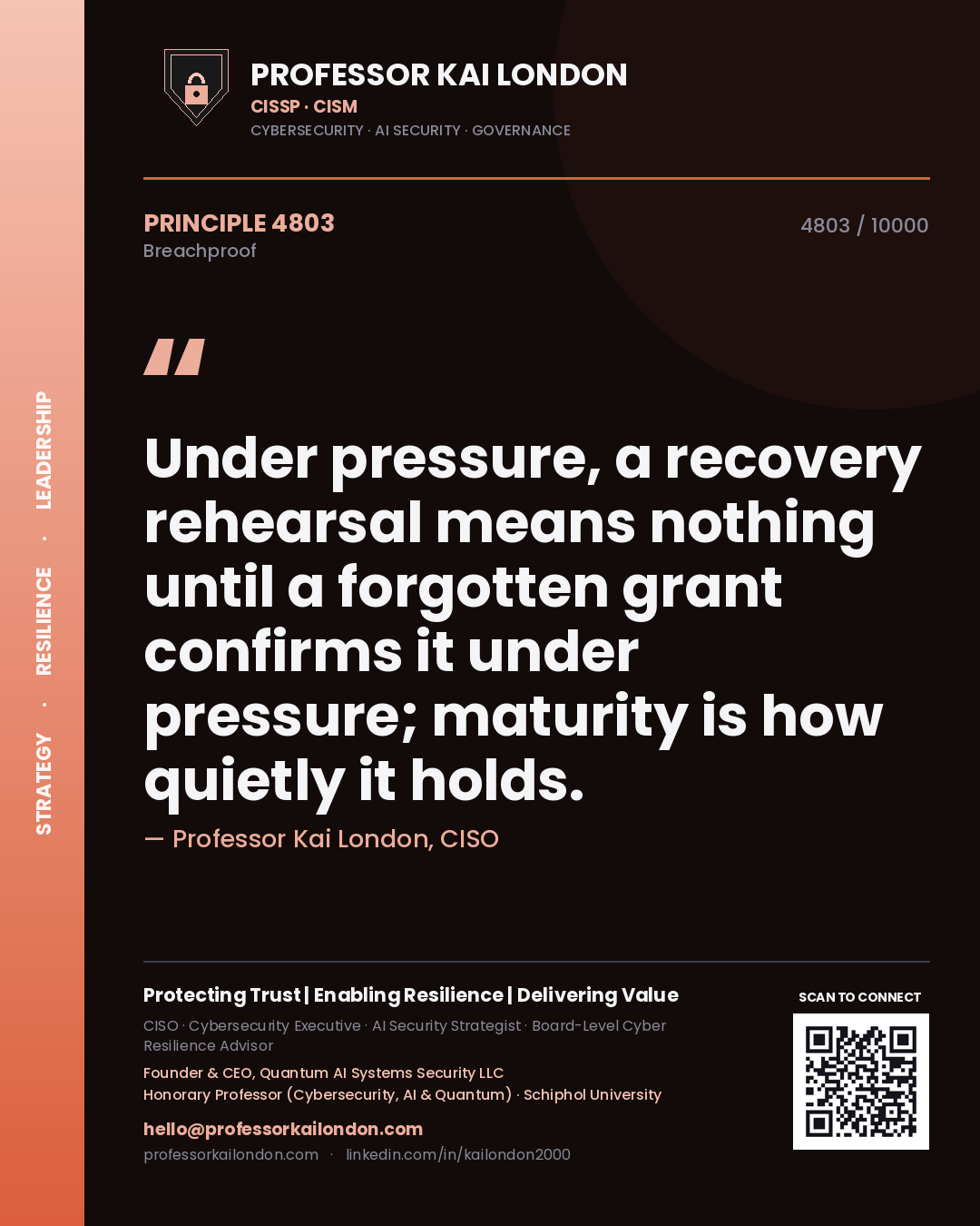 Professor Kai London principle 4803: Under pressure, a recovery rehearsal means nothing until a forgotten grant confirms it under pressure; maturity is how quietly it holds.