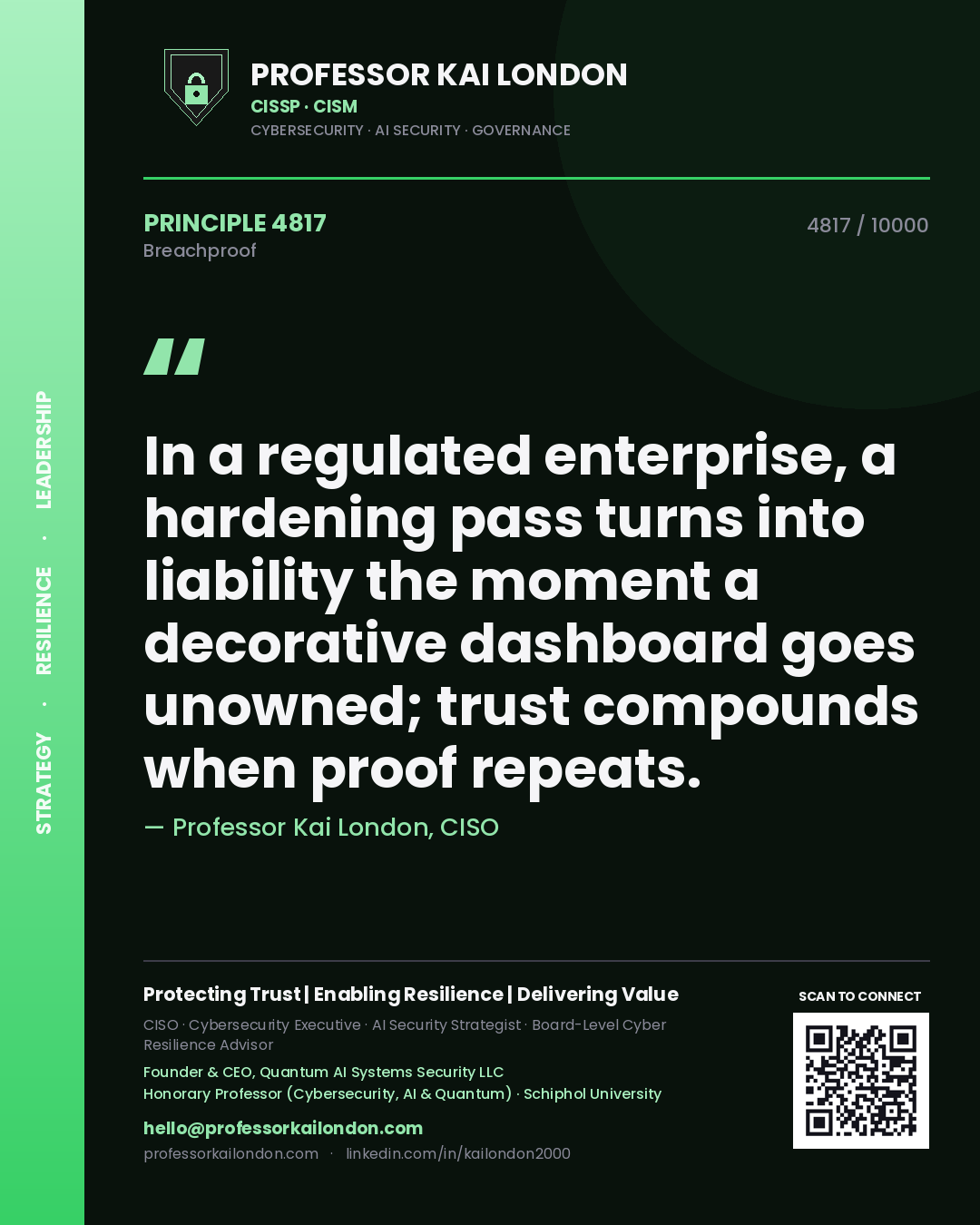 Professor Kai London principle 4817: In a regulated enterprise, a hardening pass turns into liability the moment a decorative dashboard goes unowned; trust compounds when proof repeats.