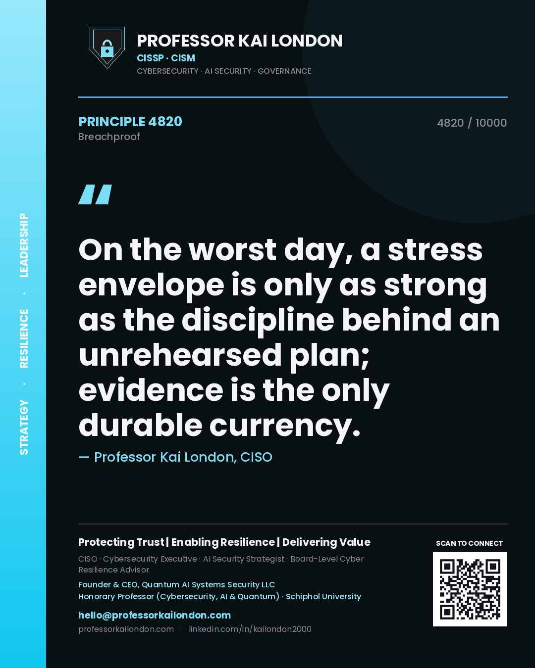 Professor Kai London principle 4820: On the worst day, a stress envelope is only as strong as the discipline behind an unrehearsed plan; evidence is the only durable currency.