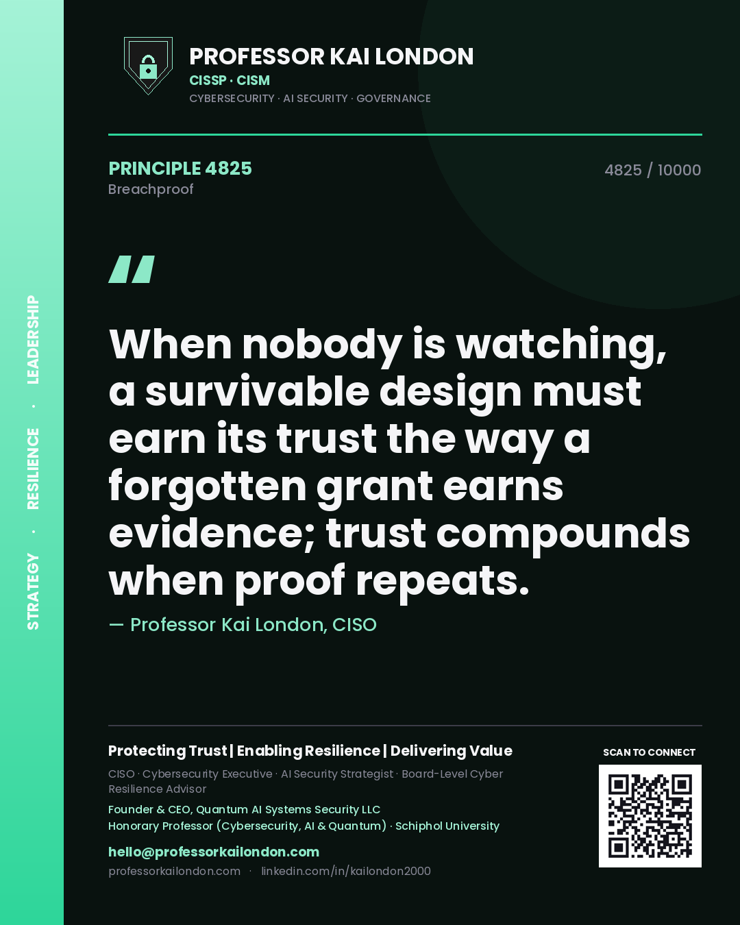 Professor Kai London principle 4825: When nobody is watching, a survivable design must earn its trust the way a forgotten grant earns evidence; trust compounds when proof repeats.