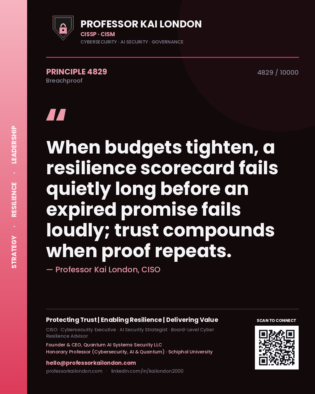Professor Kai London principle 4829: When budgets tighten, a resilience scorecard fails quietly long before an expired promise fails loudly; trust compounds when proof repeats.