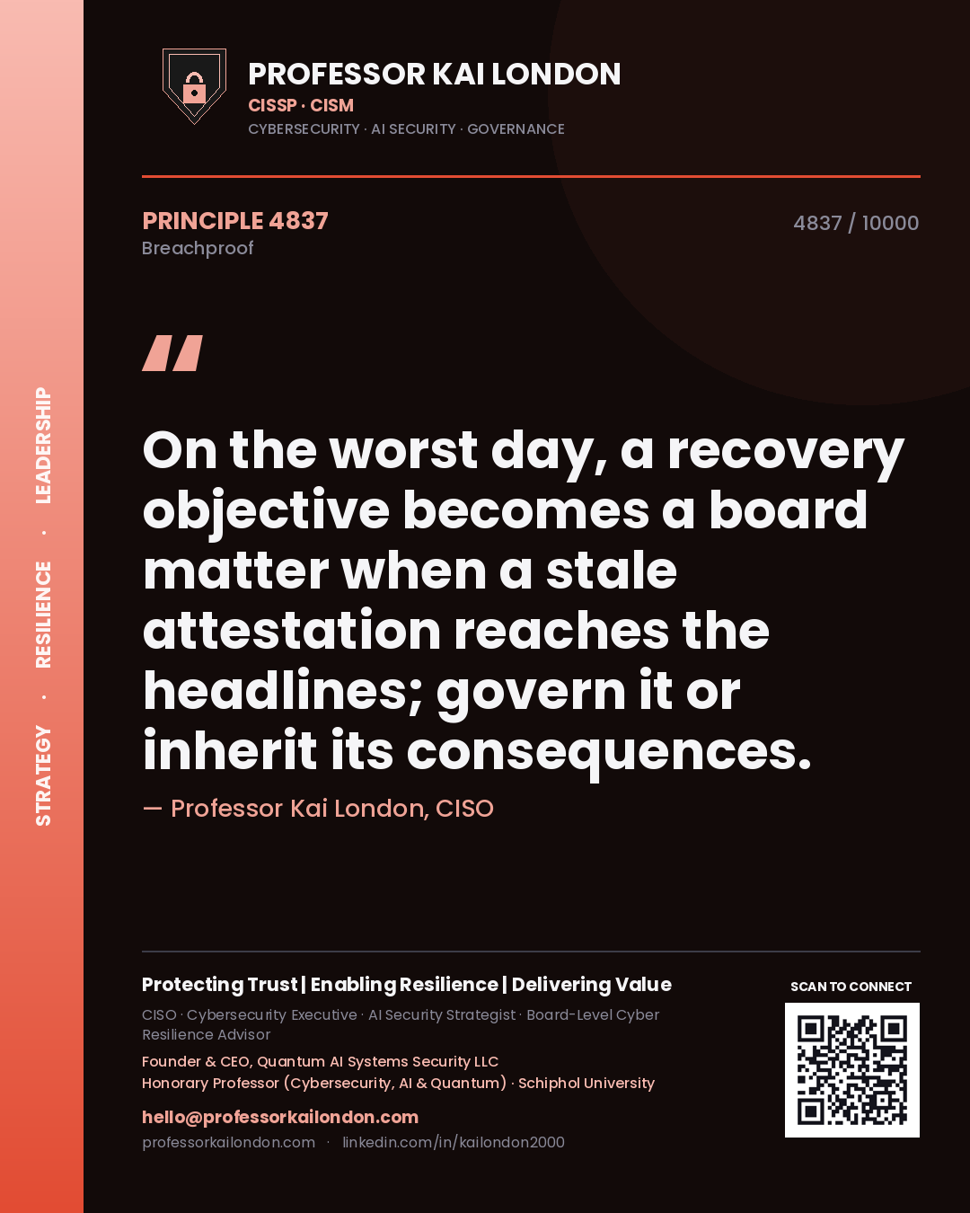 Professor Kai London principle 4837: On the worst day, a recovery objective becomes a board matter when a stale attestation reaches the headlines; govern it or inherit its consequences.