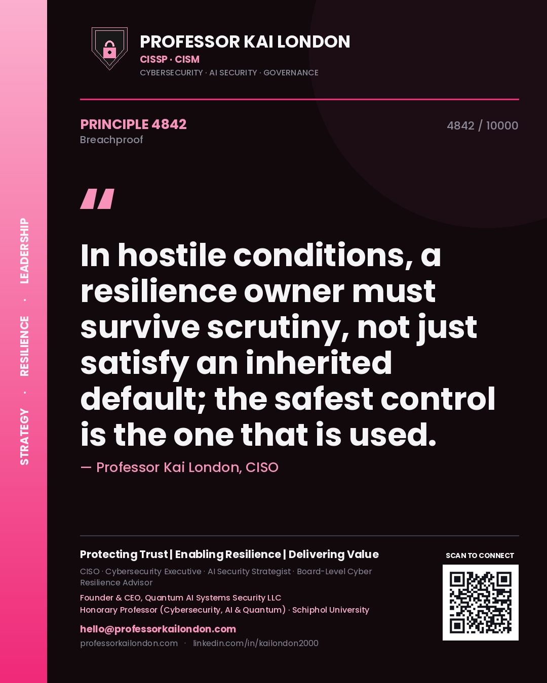Professor Kai London principle 4842: In hostile conditions, a resilience owner must survive scrutiny, not just satisfy an inherited default; the safest control is the one that is used.