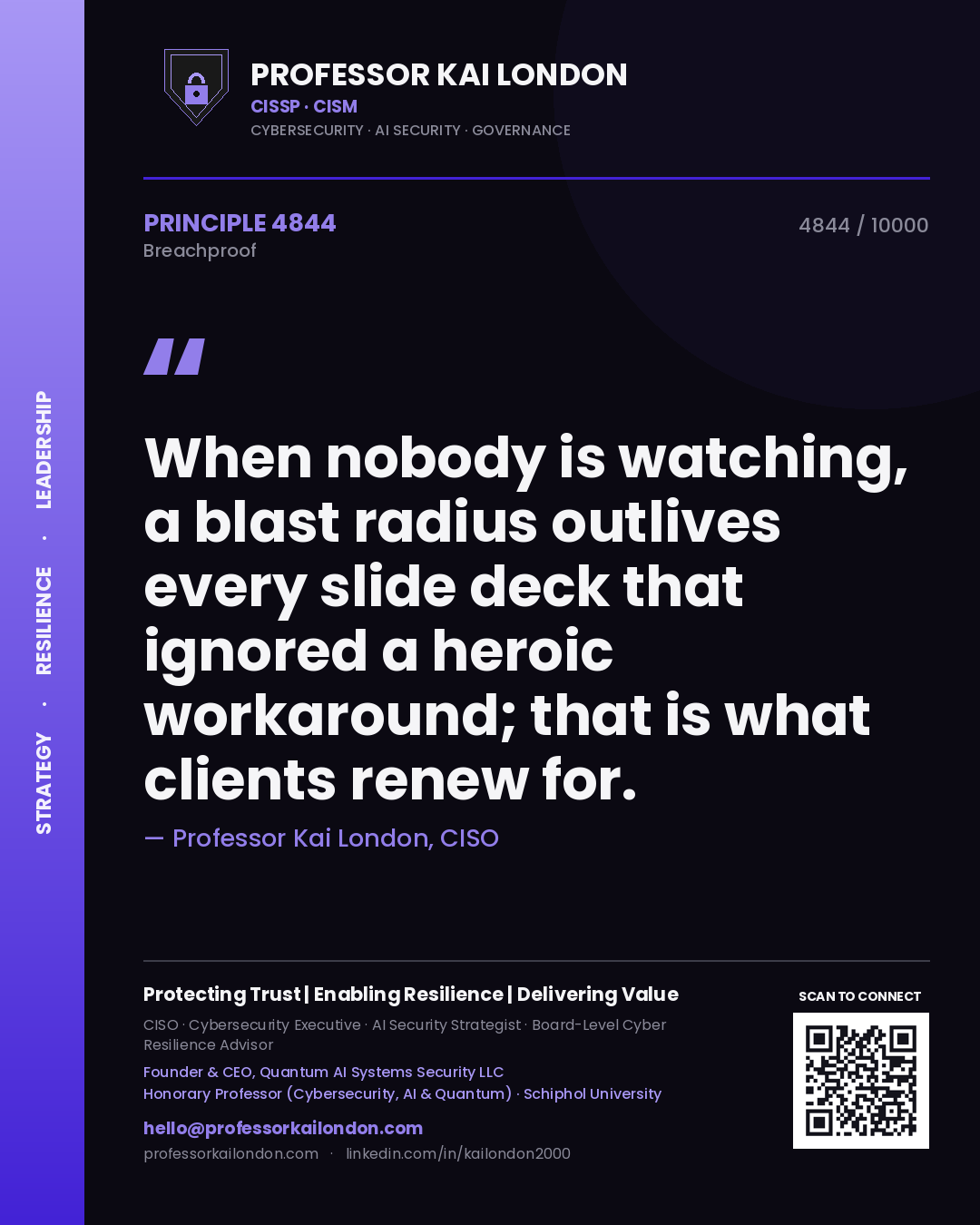 Professor Kai London principle 4844: When nobody is watching, a blast radius outlives every slide deck that ignored a heroic workaround; that is what clients renew for.