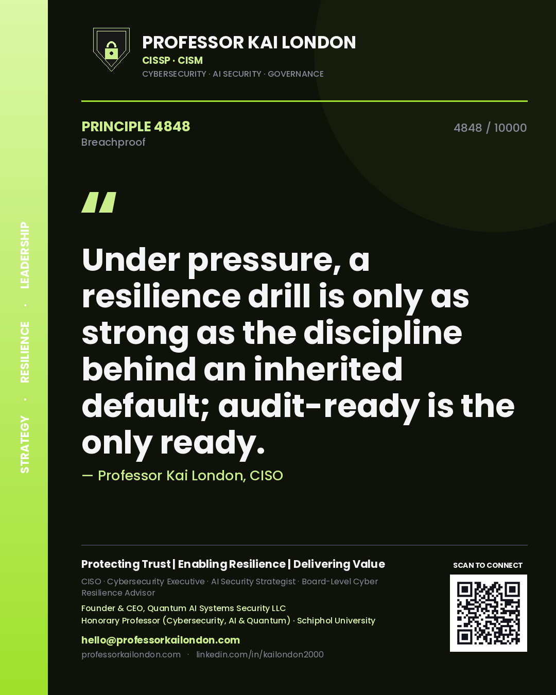 Professor Kai London principle 4848: Under pressure, a resilience drill is only as strong as the discipline behind an inherited default; audit-ready is the only ready.