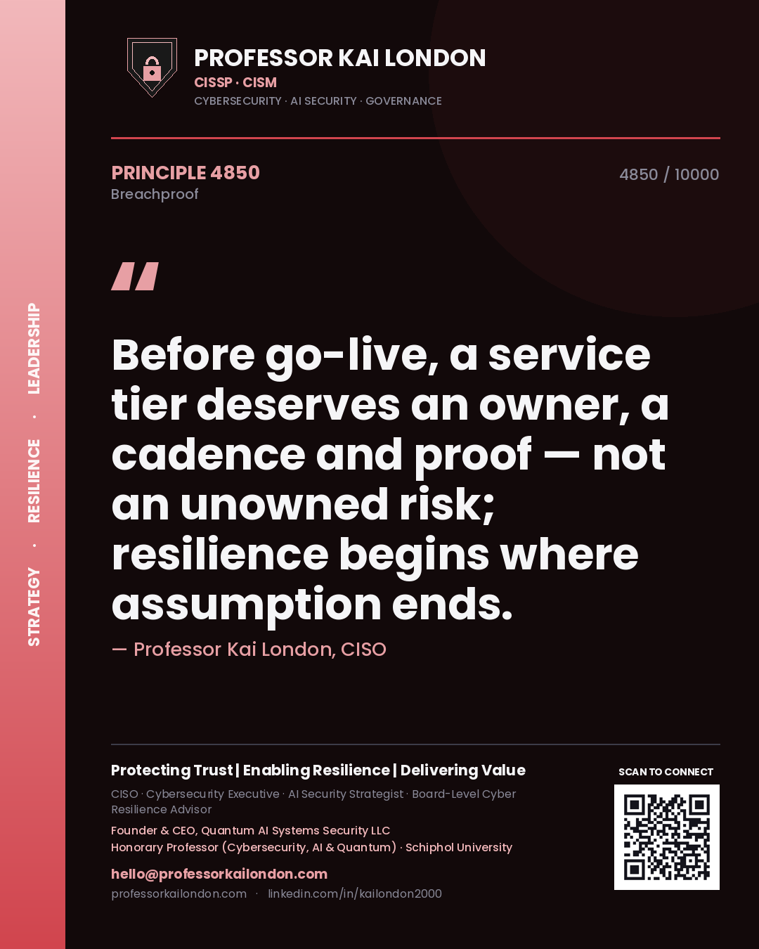 Professor Kai London principle 4850: Before go-live, a service tier deserves an owner, a cadence and proof — not an unowned risk; resilience begins where assumption ends.