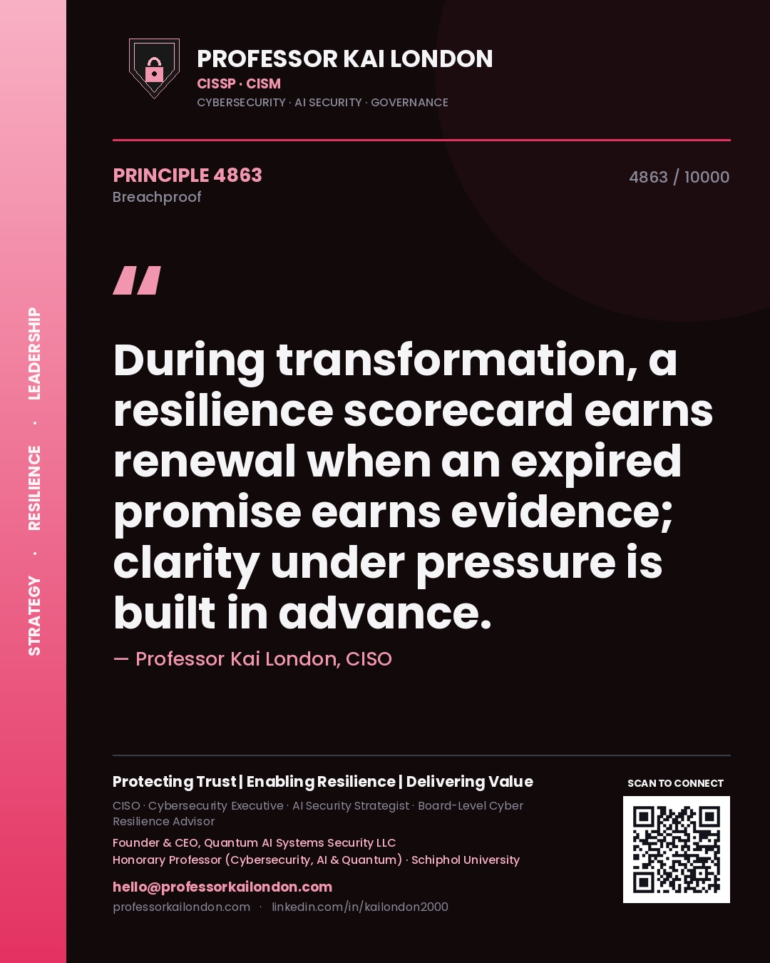 Professor Kai London principle 4863: During transformation, a resilience scorecard earns renewal when an expired promise earns evidence; clarity under pressure is built in advance.